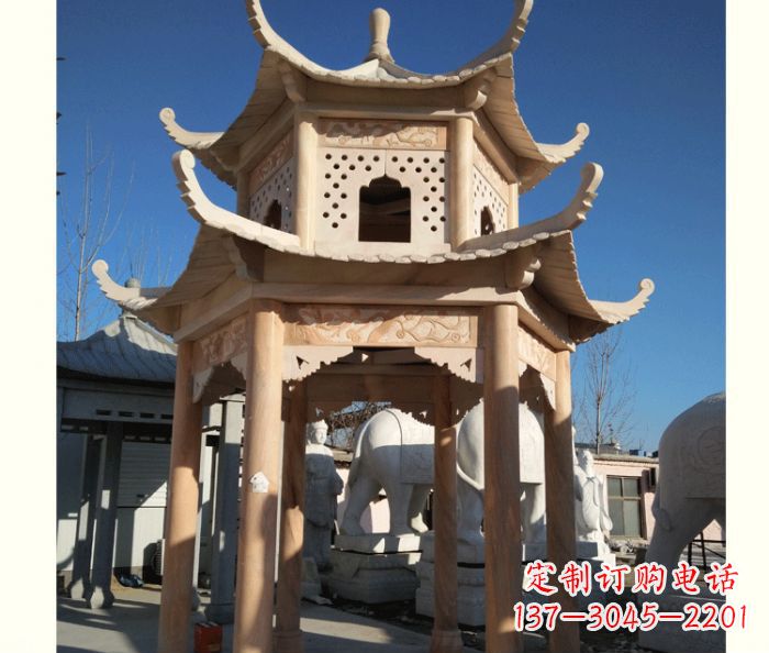 泰安晚霞红公园双层六角凉亭石雕 (2)