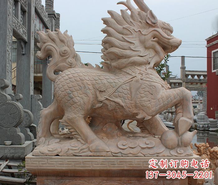 泰安晚霞红古代神兽麒麟石雕