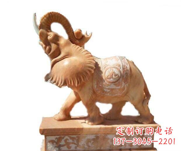 泰安晚霞红吉祥如意象鼻朝天的大象石雕