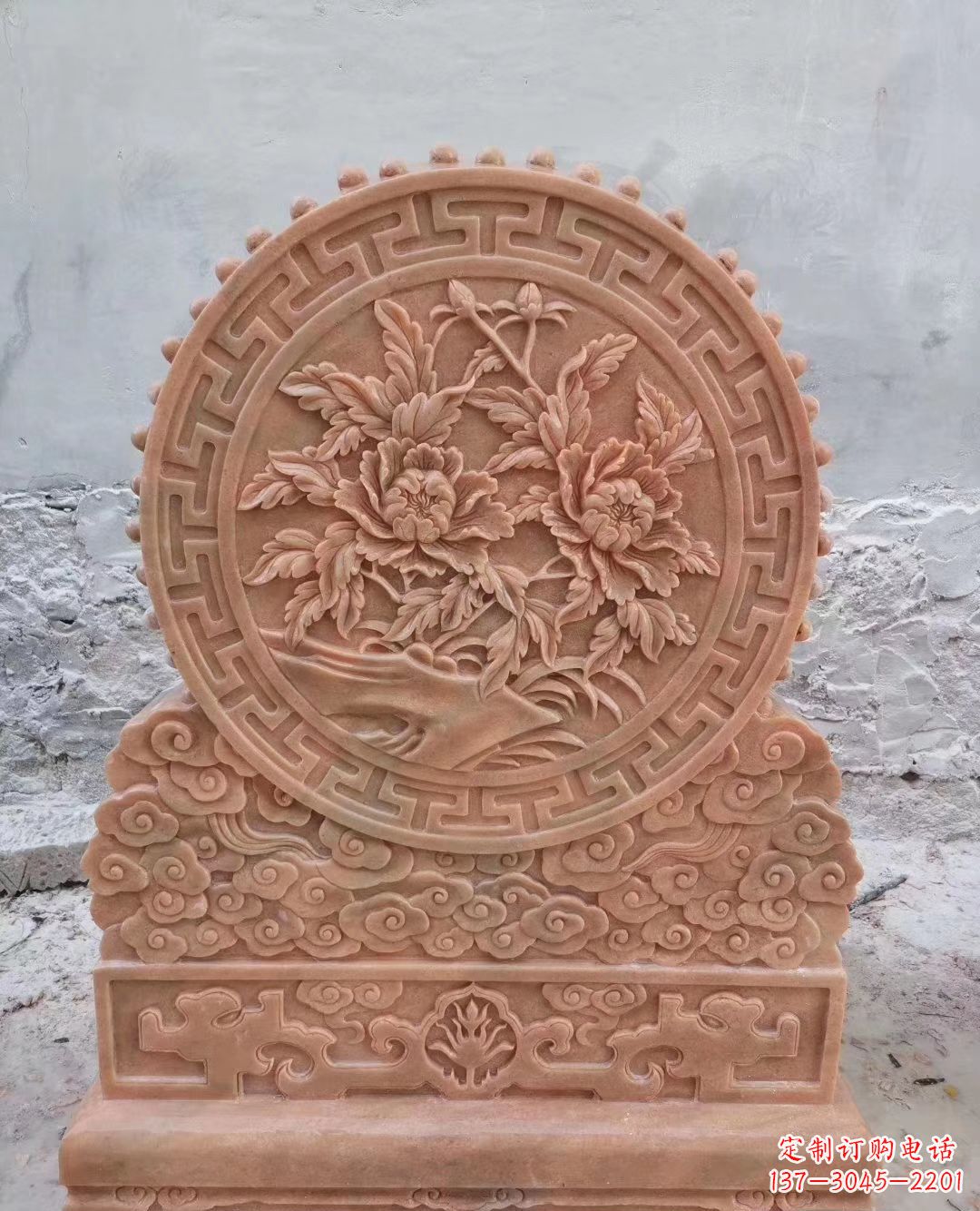 泰安晚霞红牡丹花浮雕石门墩