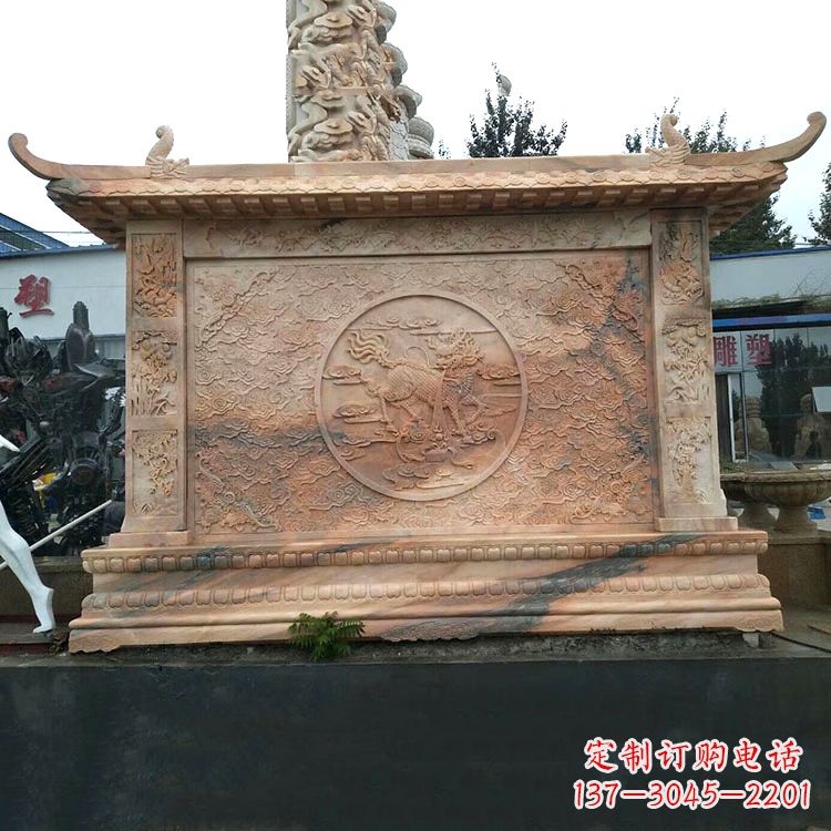 泰安晚霞红麒麟影壁墙石雕