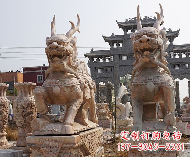 泰安晚霞红瑞兽麒麟石雕 (2)