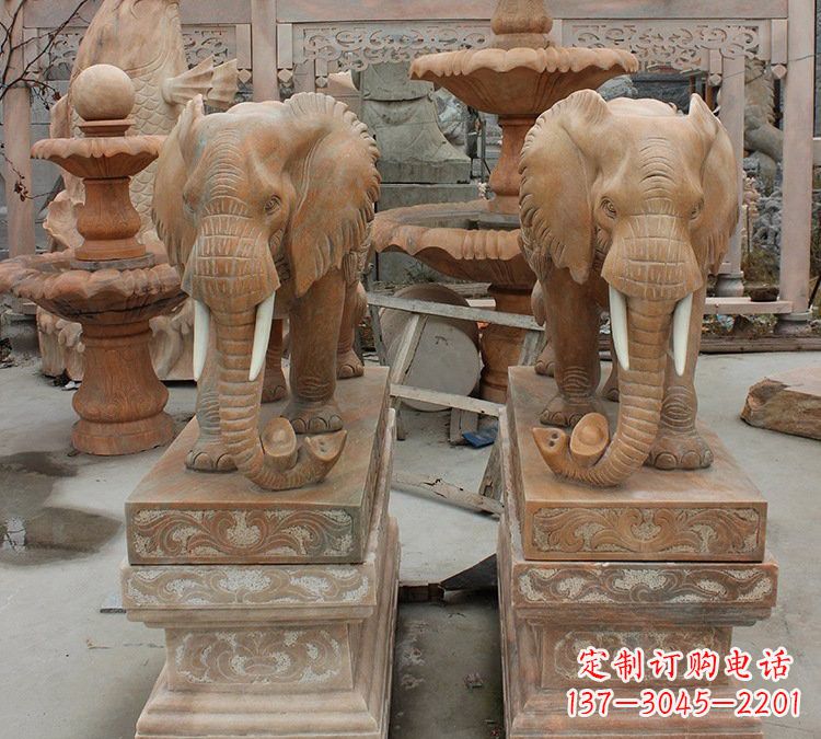 泰安晚霞红石雕元宝大象