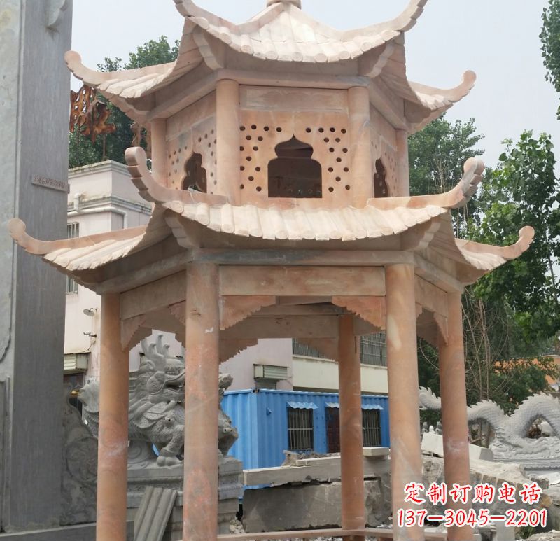 泰安晚霞红双层六角凉亭石雕 (2)