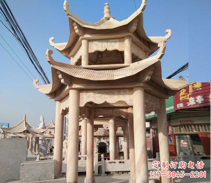 泰安晚霞红双层六角凉亭石雕 (3)