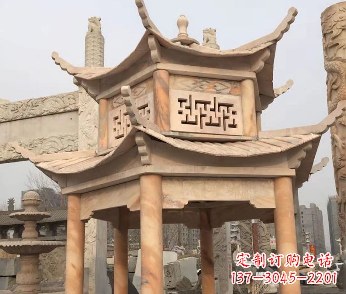 泰安晚霞红双层石雕凉亭