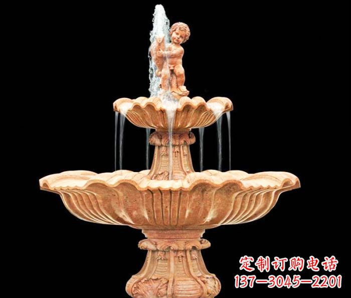 泰安晚霞红小孩抱鱼石雕喷泉