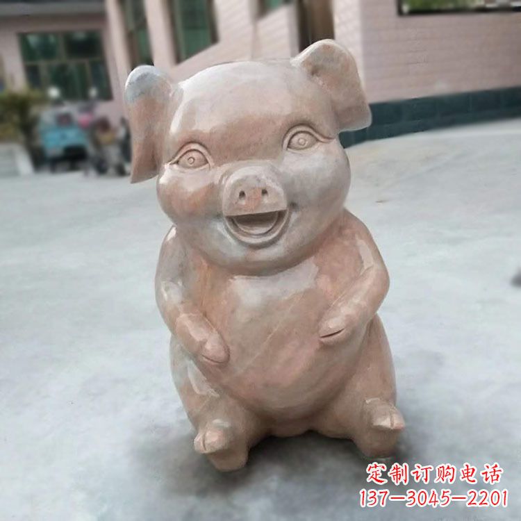 泰安喜庆的石雕猪-晚霞红大理石生肖动物雕塑