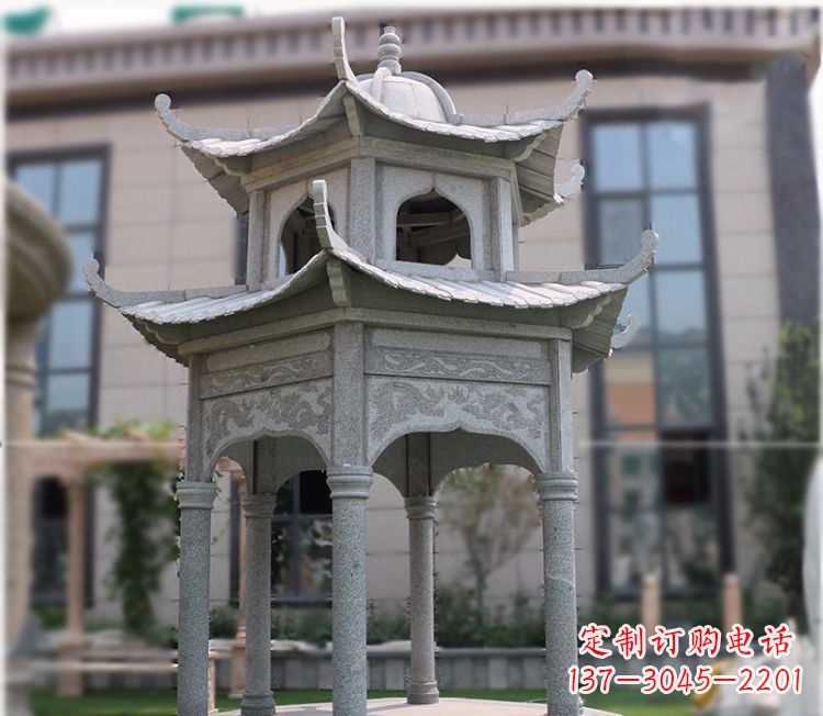 泰安小区大理石六角石雕双层凉亭