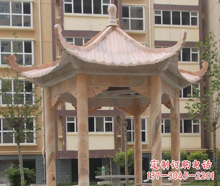 泰安小区晚霞红六角凉亭石雕