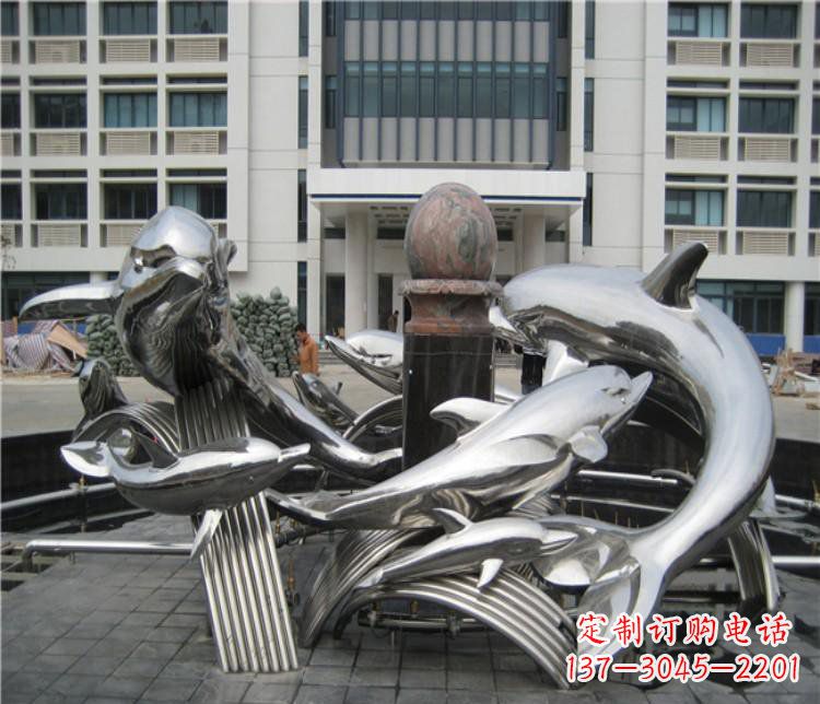 泰安校园不锈钢海豚海浪雕塑