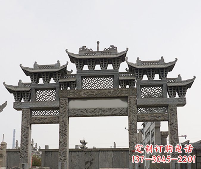 泰安园林仿古三门牌坊石雕 (4)