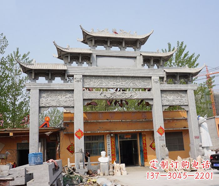 泰安园林仿古三门牌坊石雕 (5)