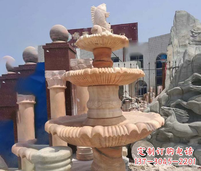 泰安园林景观晚霞红鲤鱼喷泉石雕