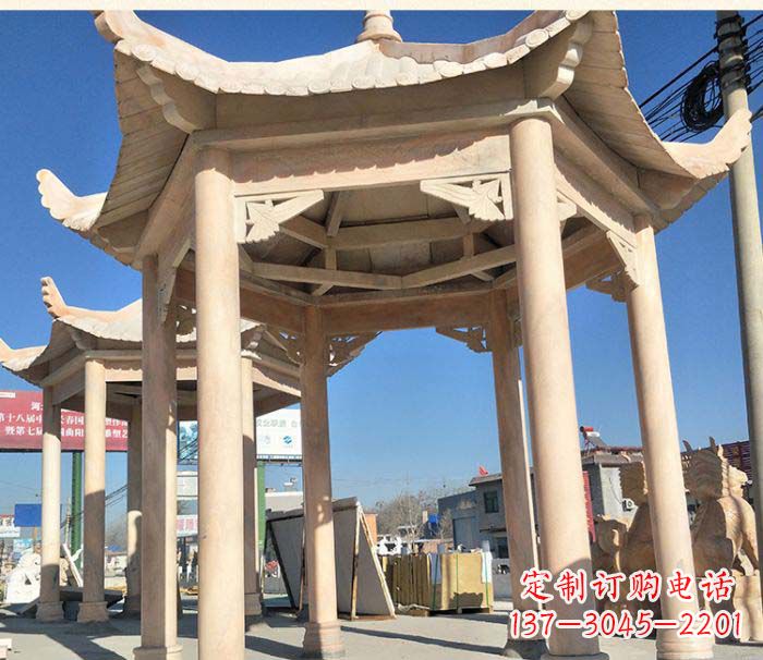 泰安园林景观晚霞红六角石雕凉亭 (2)