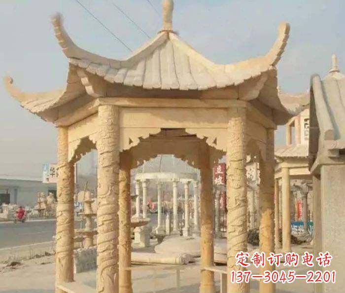 泰安园林景观晚霞红六角石雕凉亭 (3)