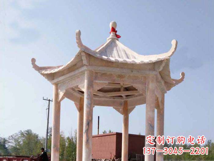 泰安园林景观晚霞红六角石雕凉亭
