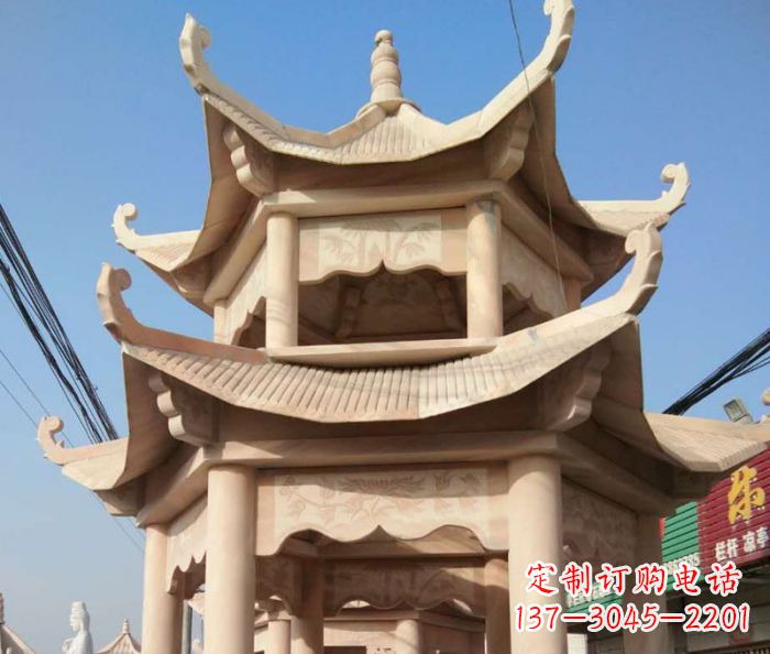 泰安园林景观晚霞红双层石雕凉亭 (2)