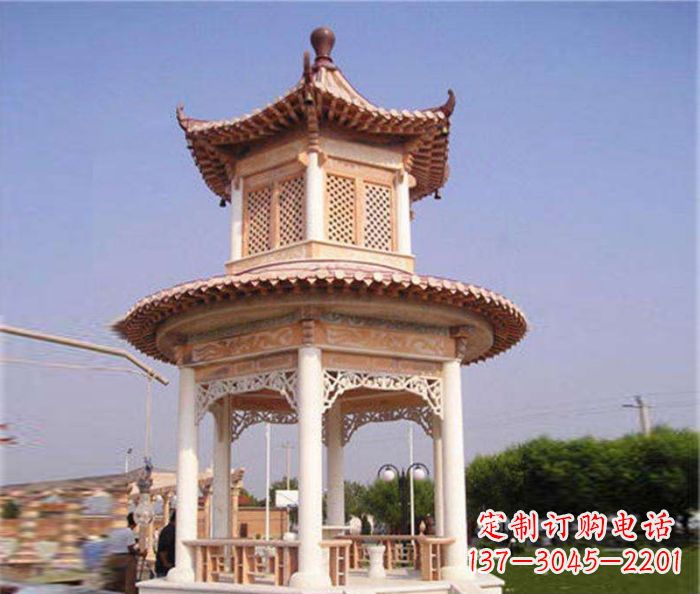 泰安园林景观晚霞红双层石雕凉亭 (4)