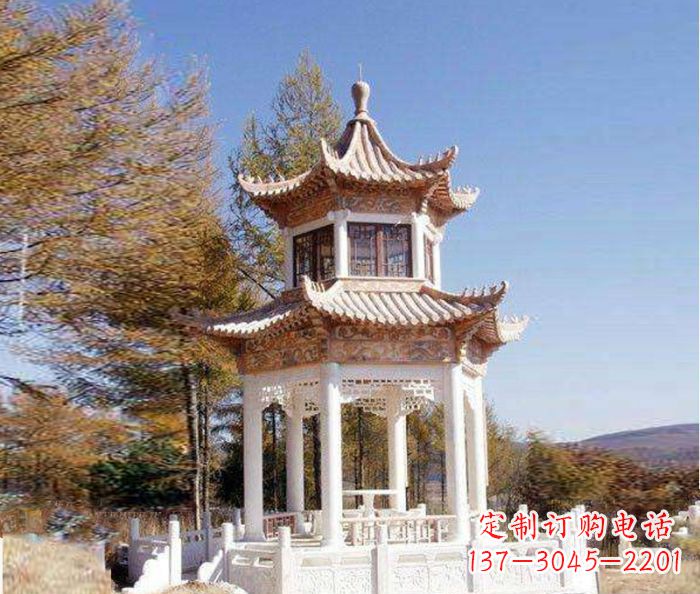 泰安园林景观晚霞红双层石雕凉亭 (3)