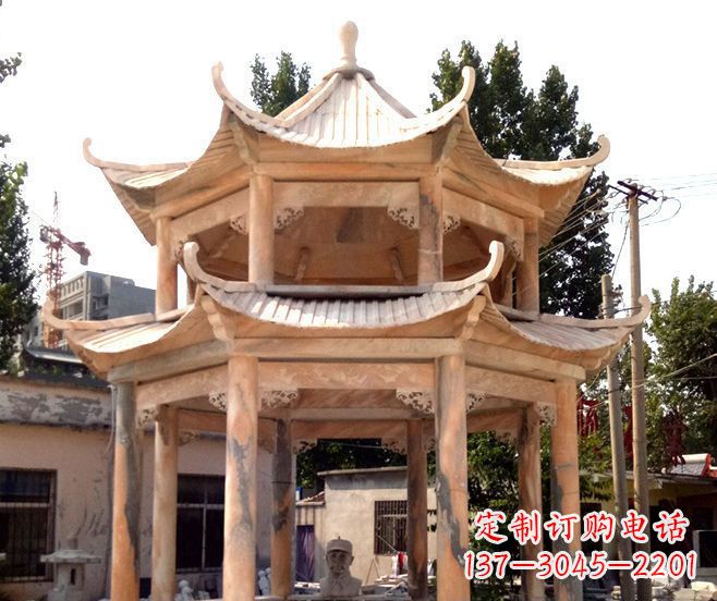 泰安园林景观晚霞红双层石雕凉亭