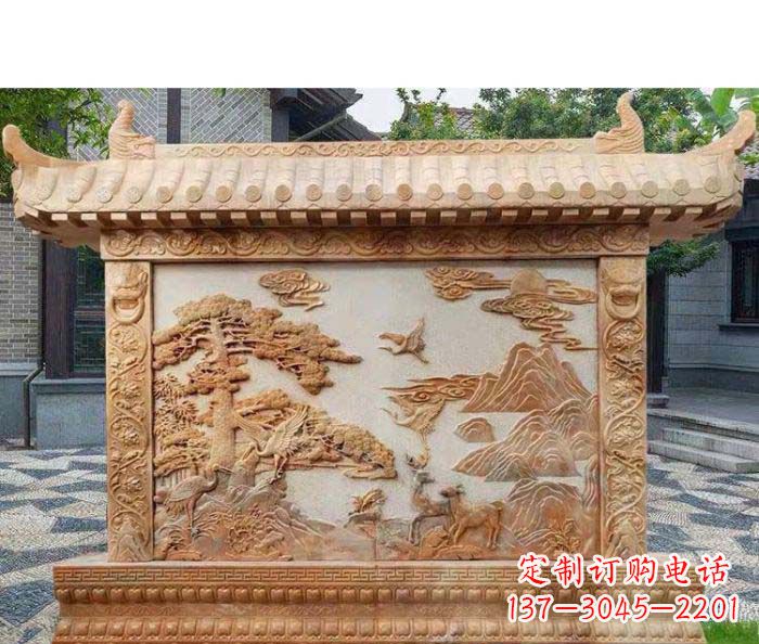 泰安园林景观晚霞红松鹤石浮雕影壁