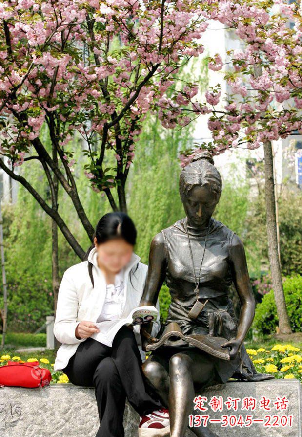 泰安园林看书的女人人物景观铜雕