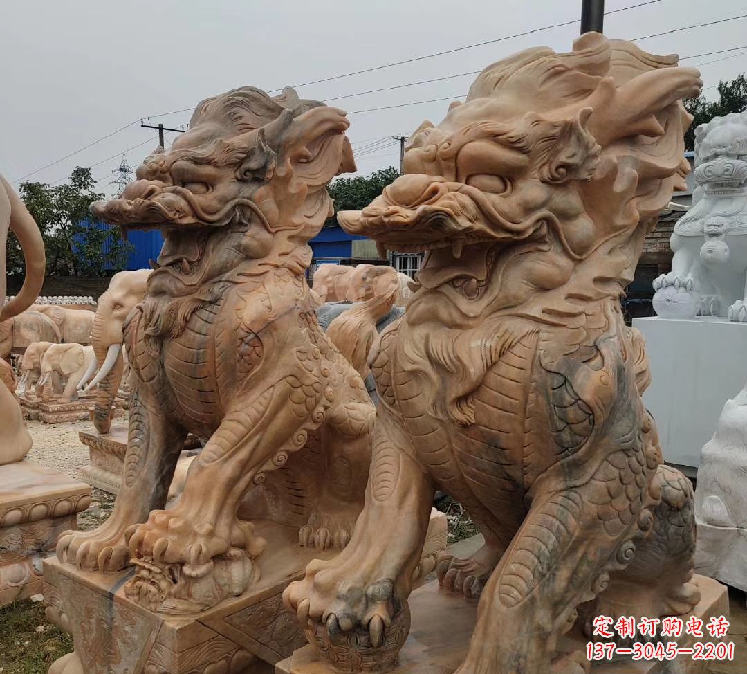 泰安园林晚霞红古代招财神兽麒麟石雕