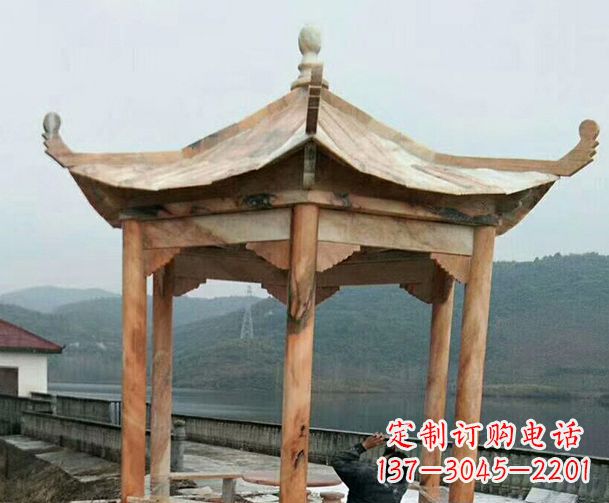 泰安园林晚霞红单层石凉亭景观石雕