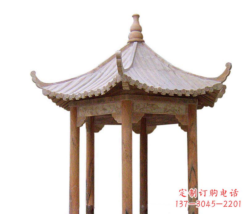 泰安园林晚霞红六角石凉亭景观石雕 (2)