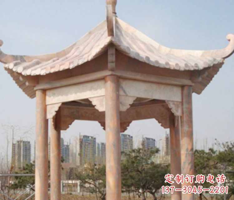泰安园林晚霞红六角石凉亭景观石雕