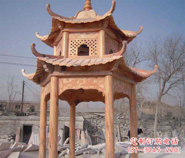 泰安园林晚霞红石凉亭景观石雕