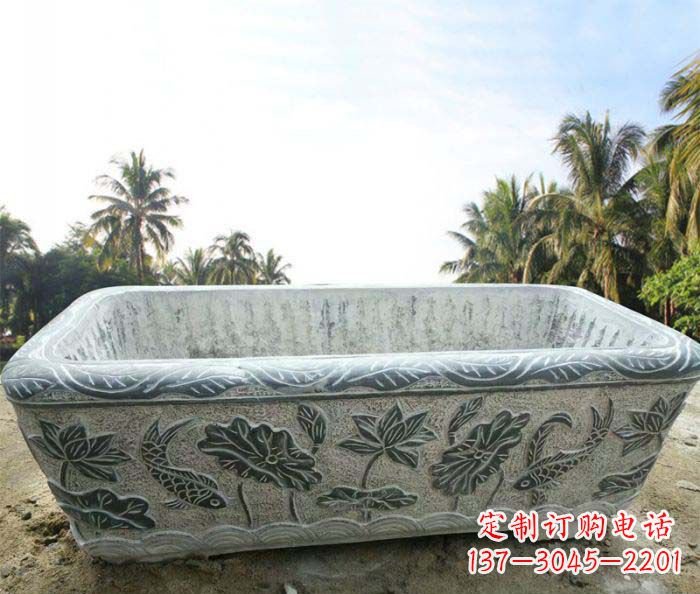 泰安长方形连年有余荷花浮雕石水缸