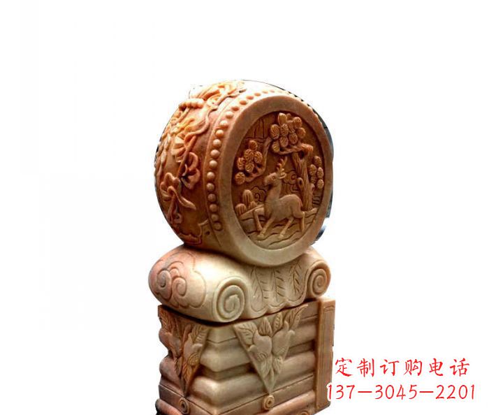 泰安招财石门墩晚霞红抱鼓石