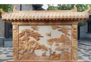 泰安园林景观晚霞红松鹤石浮雕影壁