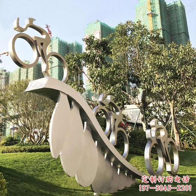泰安自行车雕塑-抽象不锈钢骑自行车人物景观雕塑